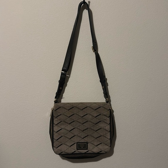 Fossil Purse Preston Canvas Expandable Zipper Geo Pattern Crossbody GUC - Picture 1 of 9
